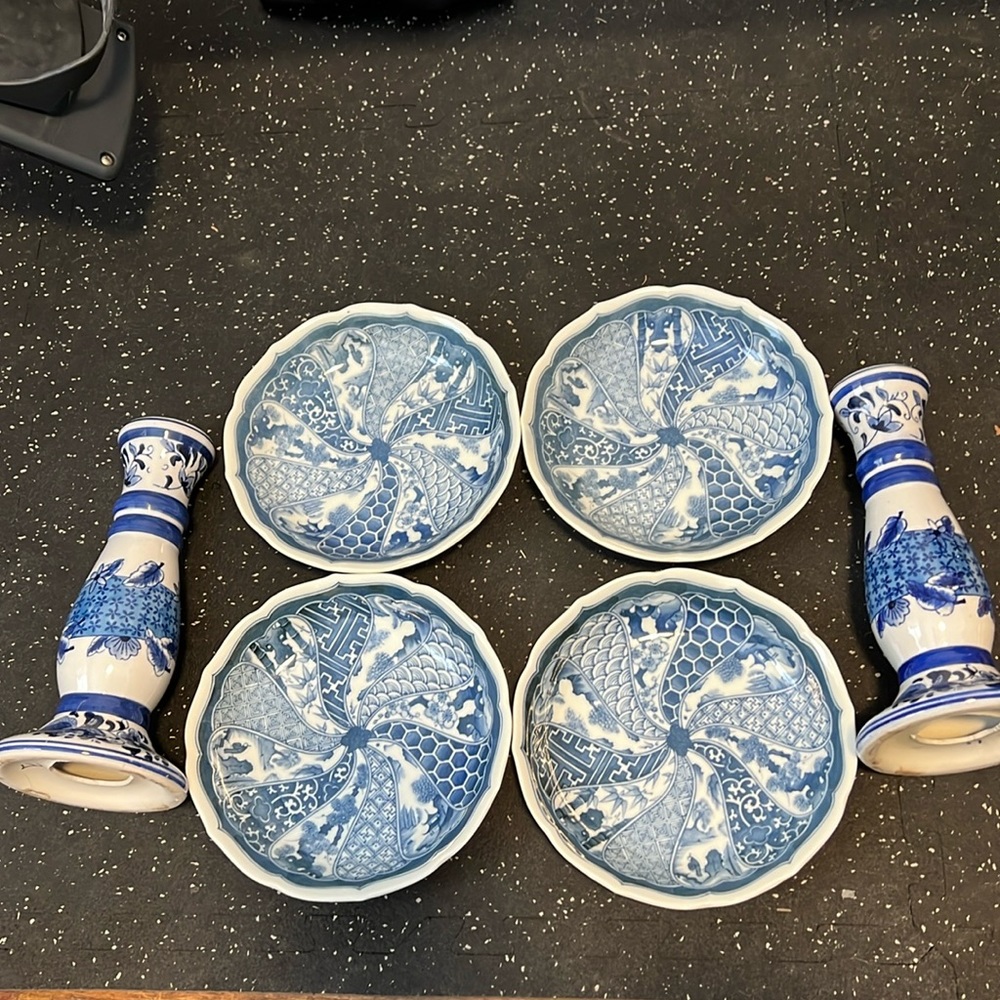 Blue Kyoto fine porcelain bowl set with candle holders